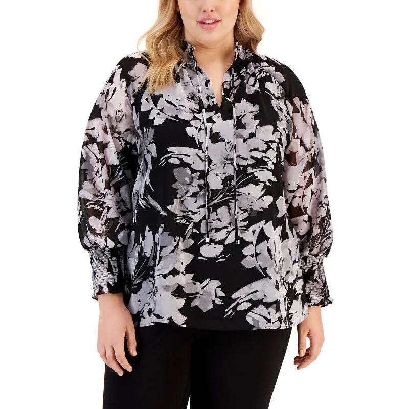 Calvin Klein Womens Plus Tie Neck Bishop Sleeve Blouse Casual Button Blouse