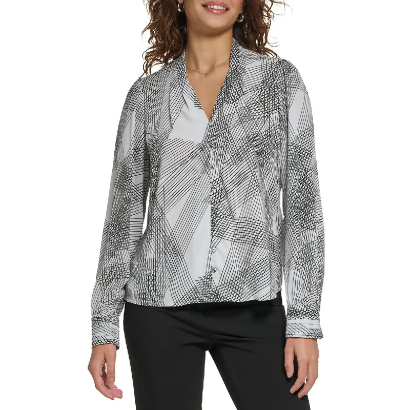 Calvin Klein Womens Printed V-Neck Blouse Satin Long Blouse