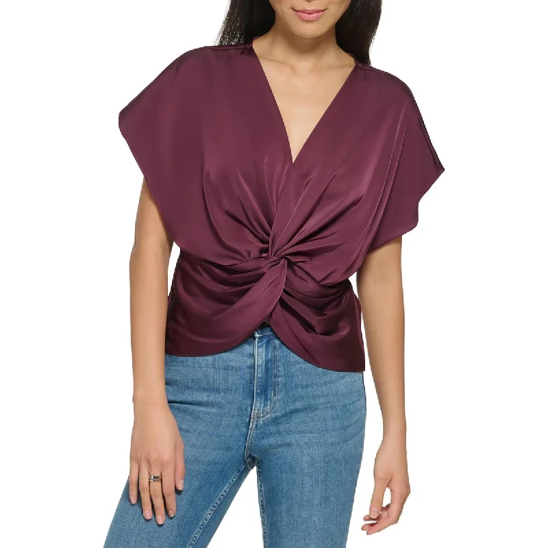 Calvin Klein Womens Twist Front V-Neck Blouse Delicate Bow Blouse