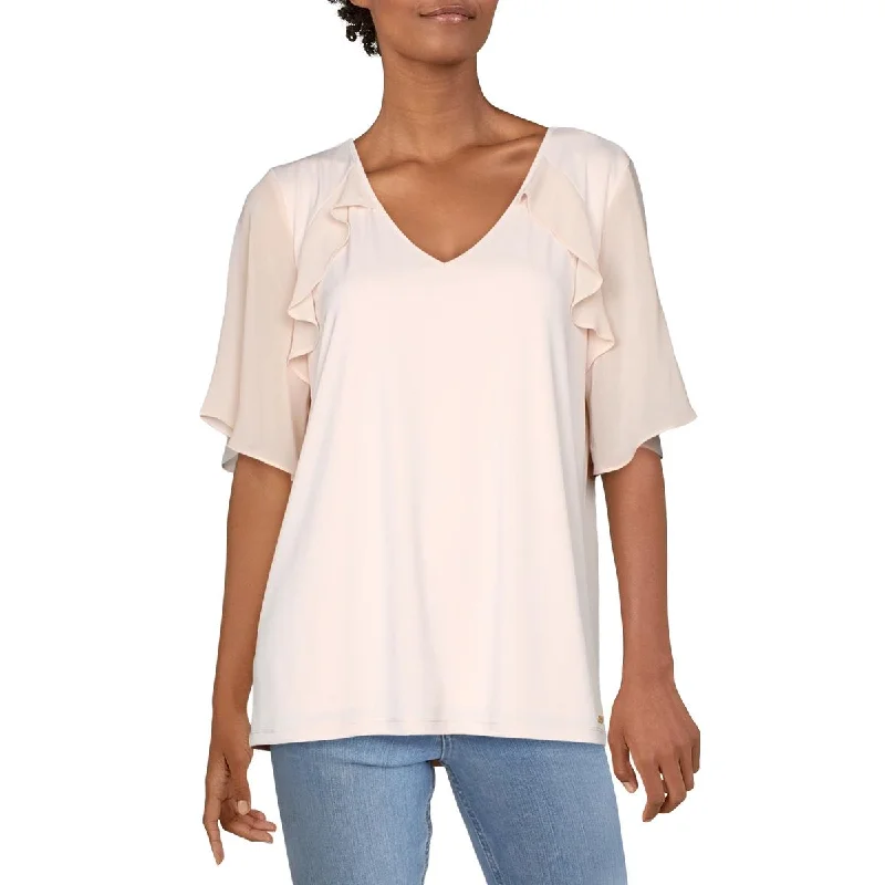 Calvin Klein Womens V-Neck Ruffled Blouse Loose Oversized Blouse