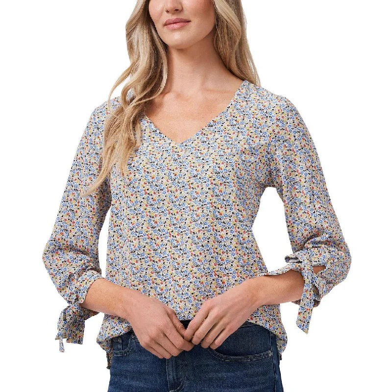 CeCe Womens Floral Print V-Neck Blouse Embroidered Cotton Blouse