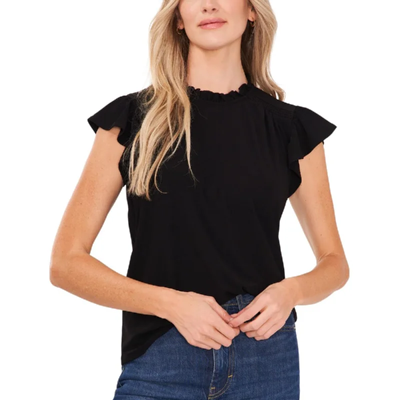 CeCe Womens Flutter Sleeve Solid Blouse Embroidered Cotton Blouse