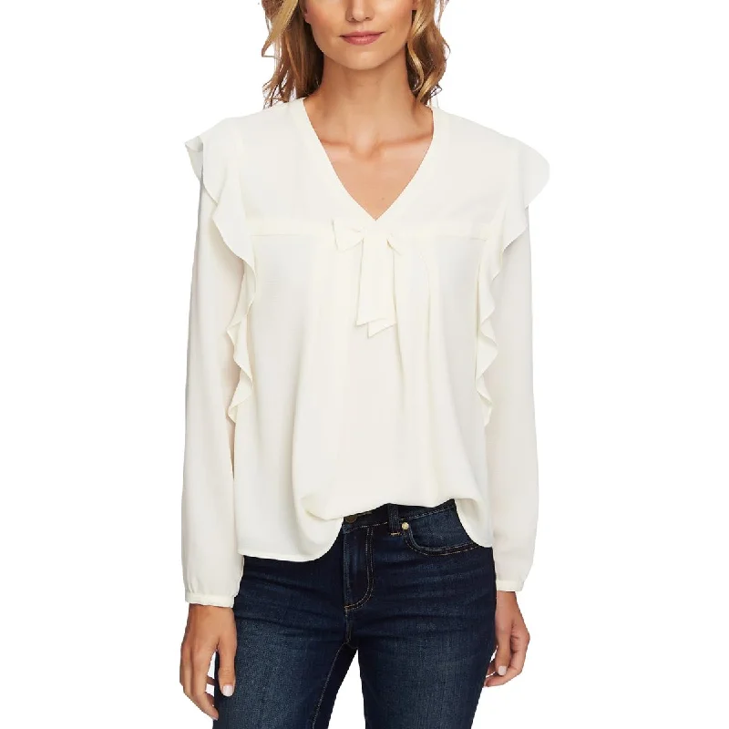 CeCe Womens Ruffled V-Neck Blouse Satin Long Blouse
