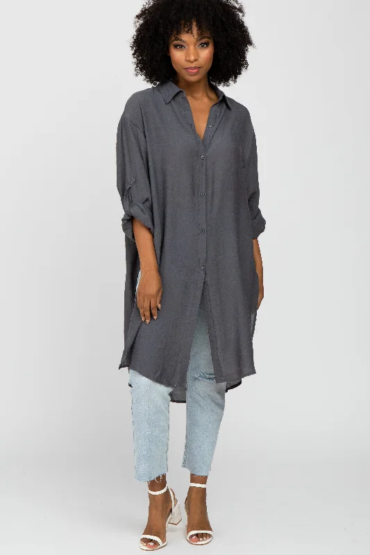 Charcoal Button Front Side Slit Oversized Blouse Satin Long Blouse