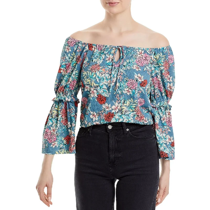 Chenault Womens Peasant Floral Print Blouse Casual Stripe Blouse