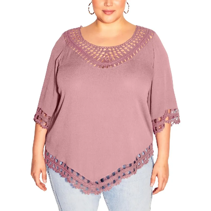 City Chic Womens Plus Crochet Trim Elbow Sleeve Blouse Elegant Embroidery Blouse