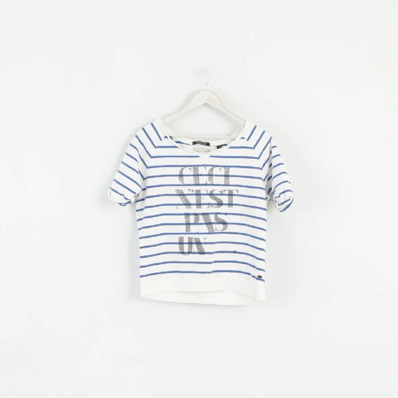 Maison Scotch Women 2 S Blouse White Blue Striped Cotton Short Sleeve Top Floral Chiffon Blouse