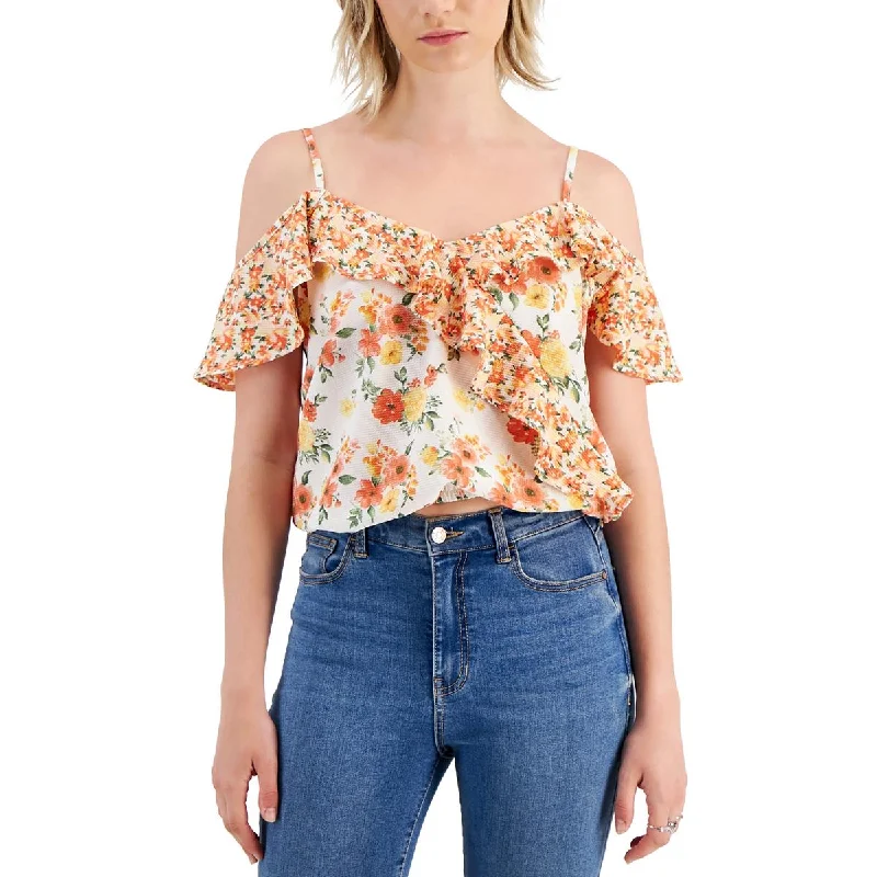 Crave Fame Womens Juniors Floral Print Blouse Cold Shoulder Feminine Pastel Blouse