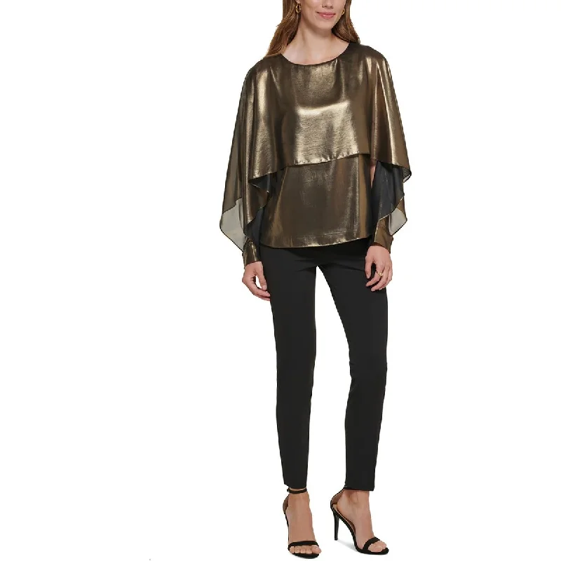 DKNY Womens Metallic Layered Blouse Satin Long Blouse
