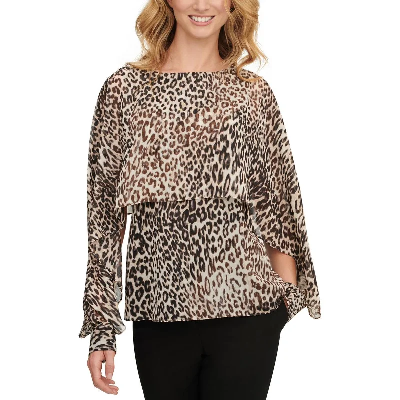 DKNY Womens Petites Metallic Animal Print Blouse Lightweight Chiffon Blouse