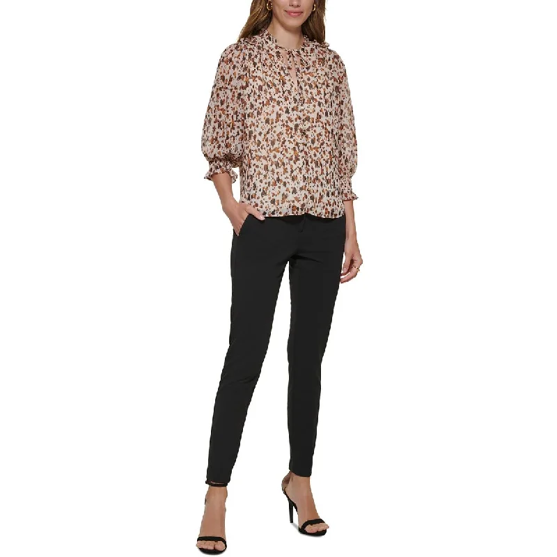 DKNY Womens Petites Ruffled Blouse Ruffled Neck Blouse