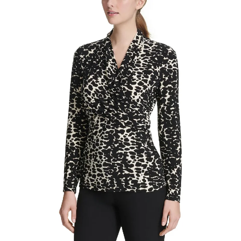 DKNY Womens Petites Surplice Animal Print Blouse Chic Square Blouse
