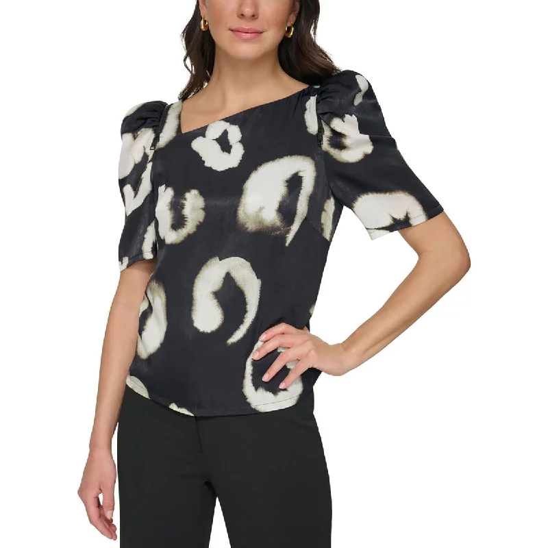 DKNY Womens Printed Puff Sleeve Blouse Chic Wrap Blouse