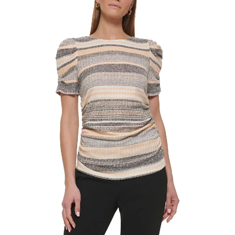 DKNY Womens Ruched Sides Striped Blouse Airy Cotton Blouse