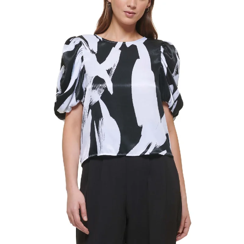 DKNY Womens Satin Puff Sleeve Blouse Floral Chiffon Blouse