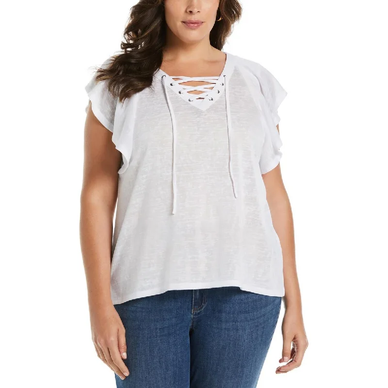 Ella Rafaella Womens Plus Lace Up Flutter Sleeves Blouse Sheer Sleeve Blouse