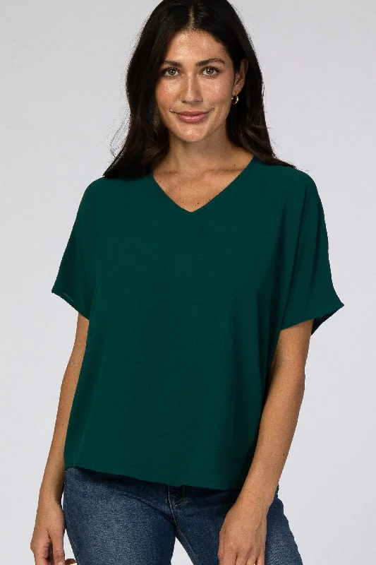 Forest Green Short Sleeve Blouse Flowy Bohemian Blouse