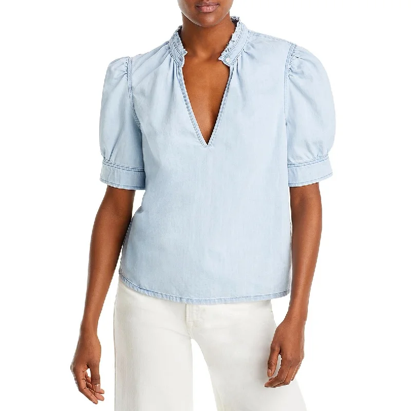 FRAME Womens Split Neck Puff Sleeve Blouse Casual Stripe Blouse