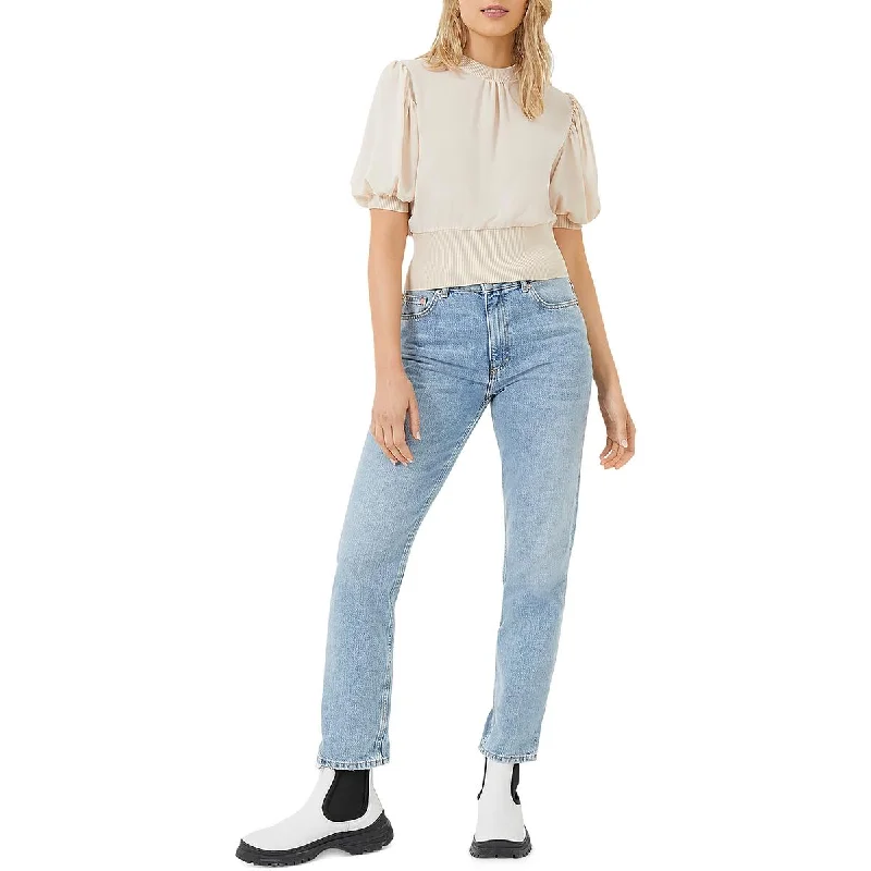 French Connection Womens Ribbed Trim Gathered Blouse Asymmetric Hem Blouse