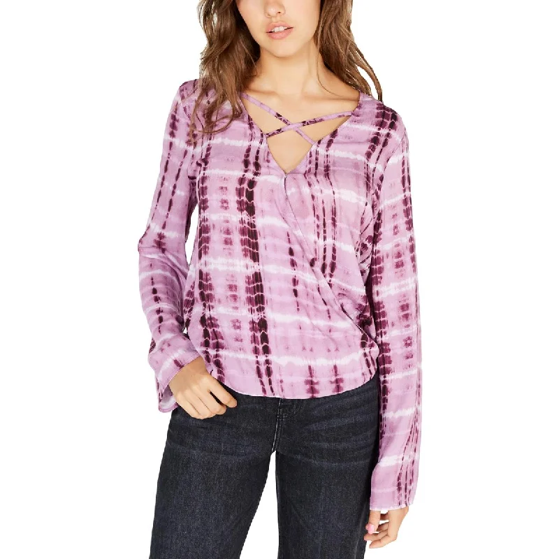 Freshman Womens Juniors Tie-Dye Surplice Blouse Subtle Shimmer Blouse