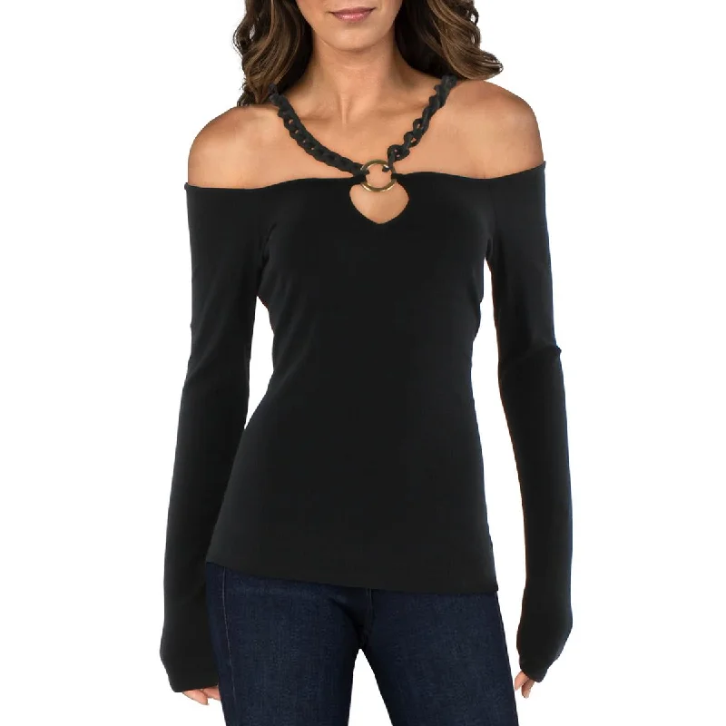 H Halston Womens Cold-Shoulder Knit Blouse Double-Layered Blouse