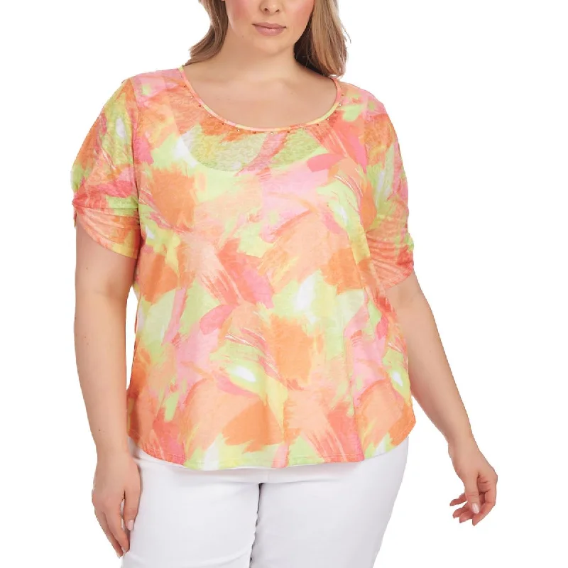 Hearts of Palm Womens Plus Embellished Multi color Blouse Casual Relaxed Blouse