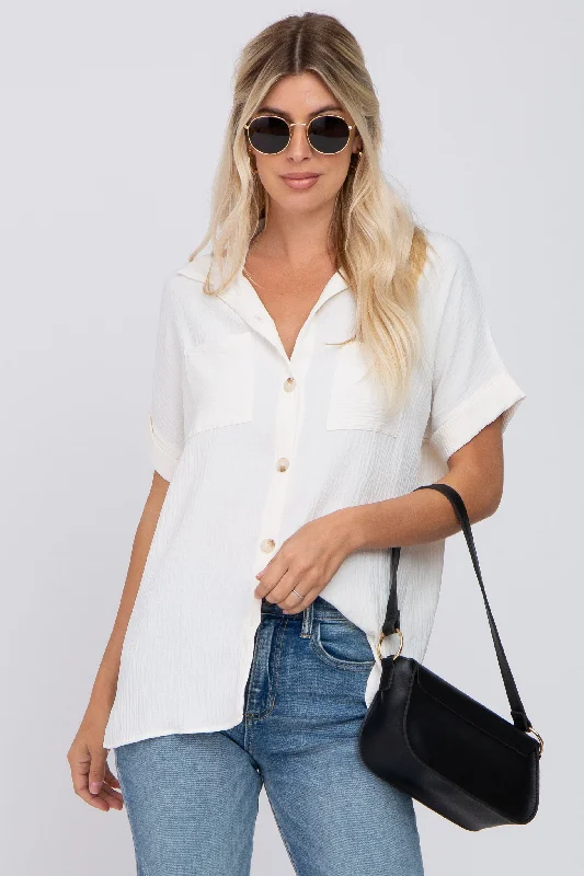 Ivory Collared Button-Down Short Sleeve Blouse Flowy Bohemian Blouse