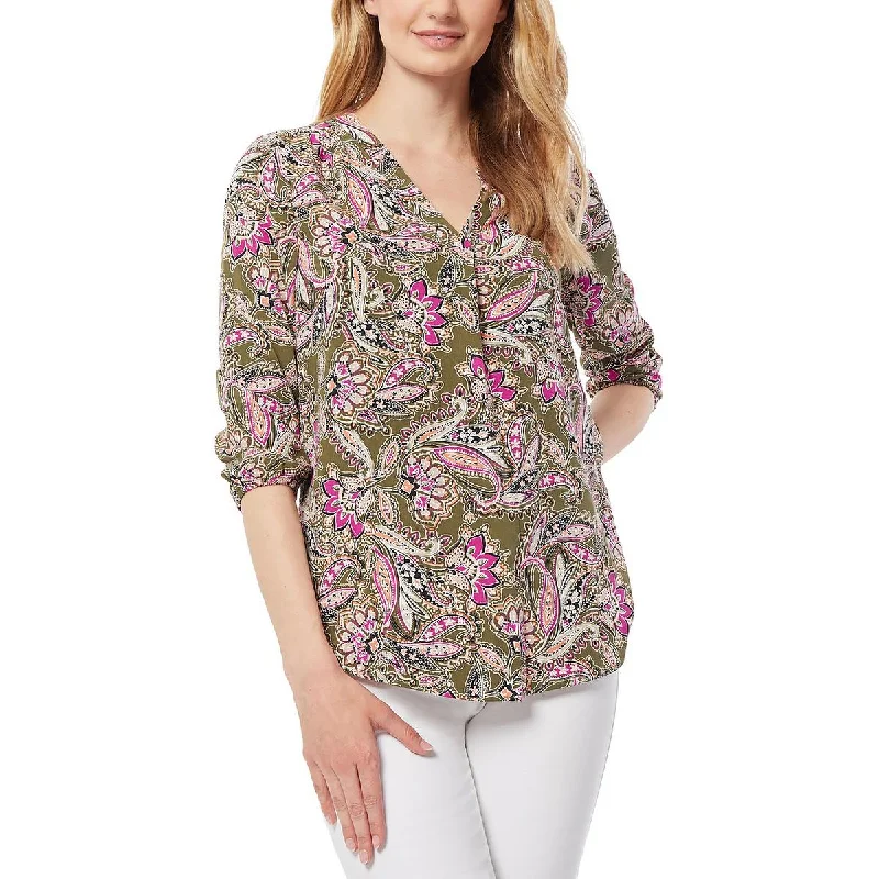Jones New York Womens Paisley V-Neck Blouse Polished Work Blouse