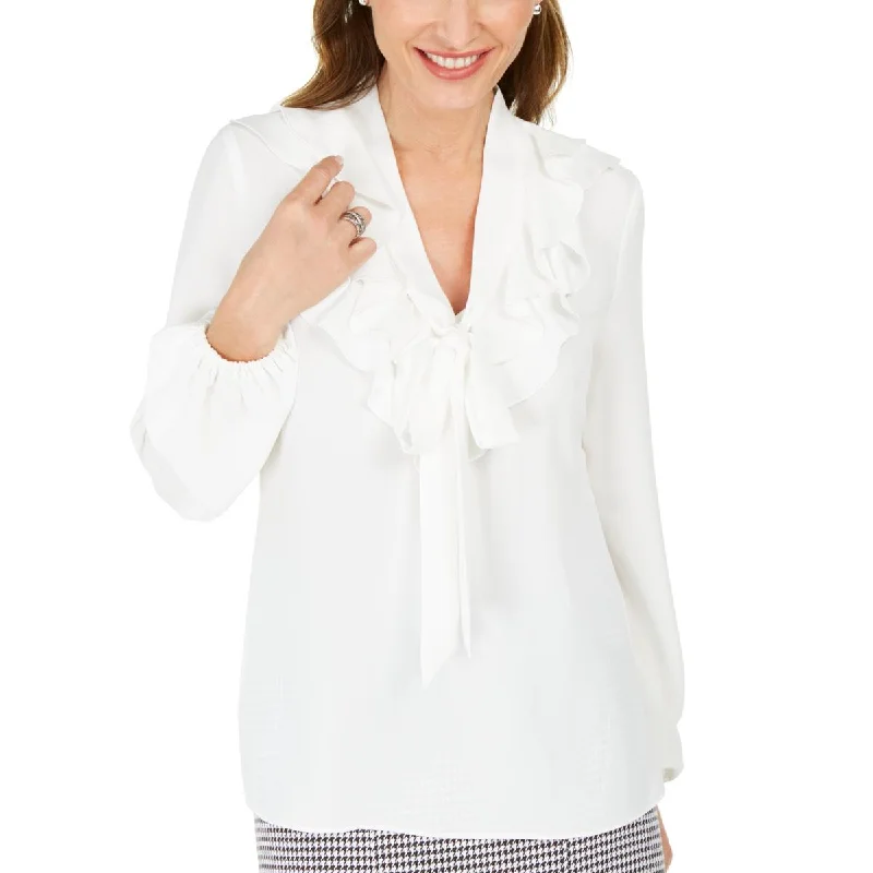 Kasper Womens Petites Work Wear Ruffled Blouse Elegant Semi-Sheer Blouse