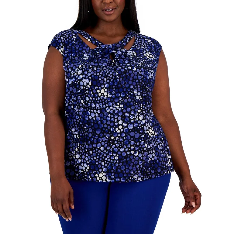 Kasper Womens Plus Twist-Neck Dot Print Blouse Lightweight Chiffon Blouse