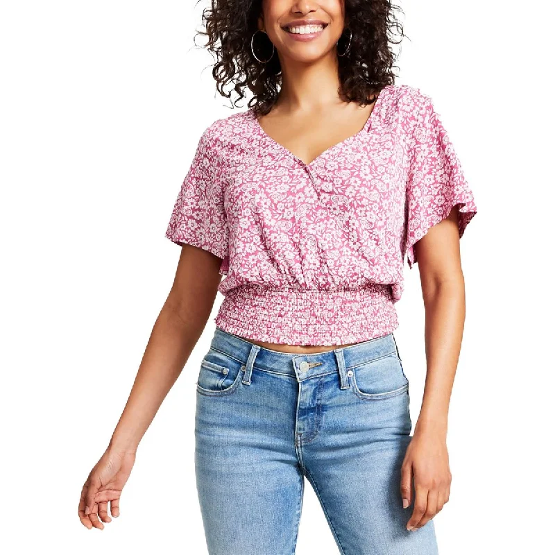 Lucky Brand Womens Floral Print V-Neck Blouse Soft Satin Blouse