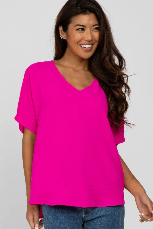Magenta Short Sleeve Blouse Chic Wrap Blouse