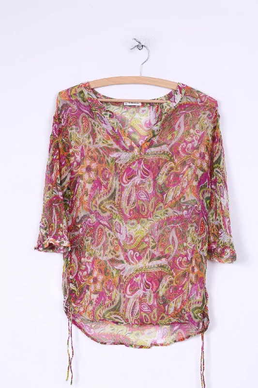 More& More Womens 34 XS Blouse Transparent Long Sleeve Multi Print V Neck Mulicolor Classic White Blouse