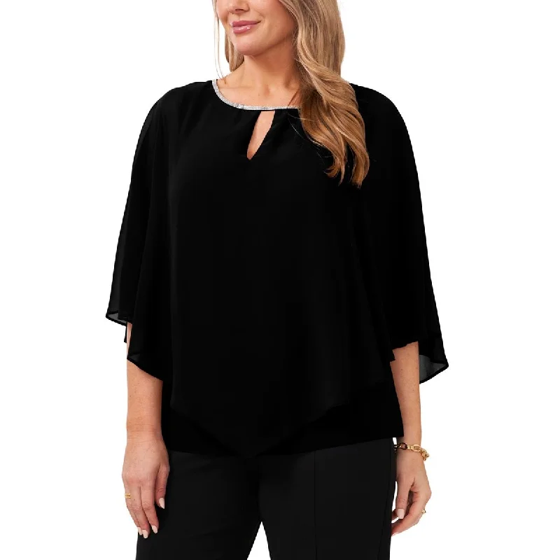 MSK Womens Chiffon Rhinestones Blouse Elegant Peplum Blouse