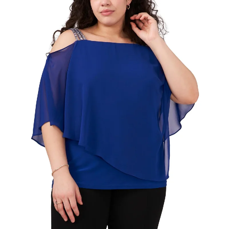 MSK Womens Plus Rhinestone Straps Cold Shoulder Blouse Wrap Front Blouse