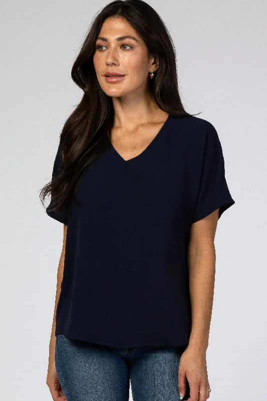 Navy Short Sleeve Blouse Backless Summer Blouse