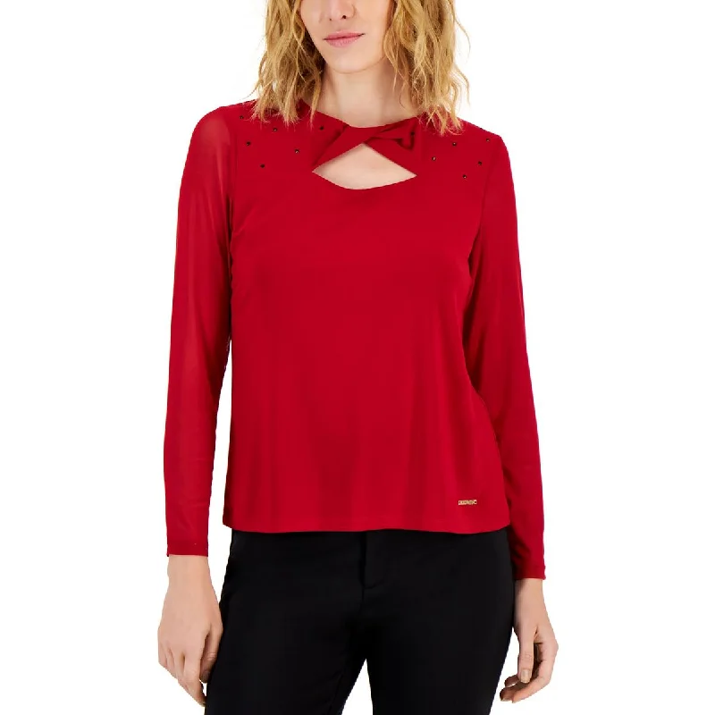 Nine West Womens Twist Neck Cut-Out Blouse Semi-Sheer Blouse