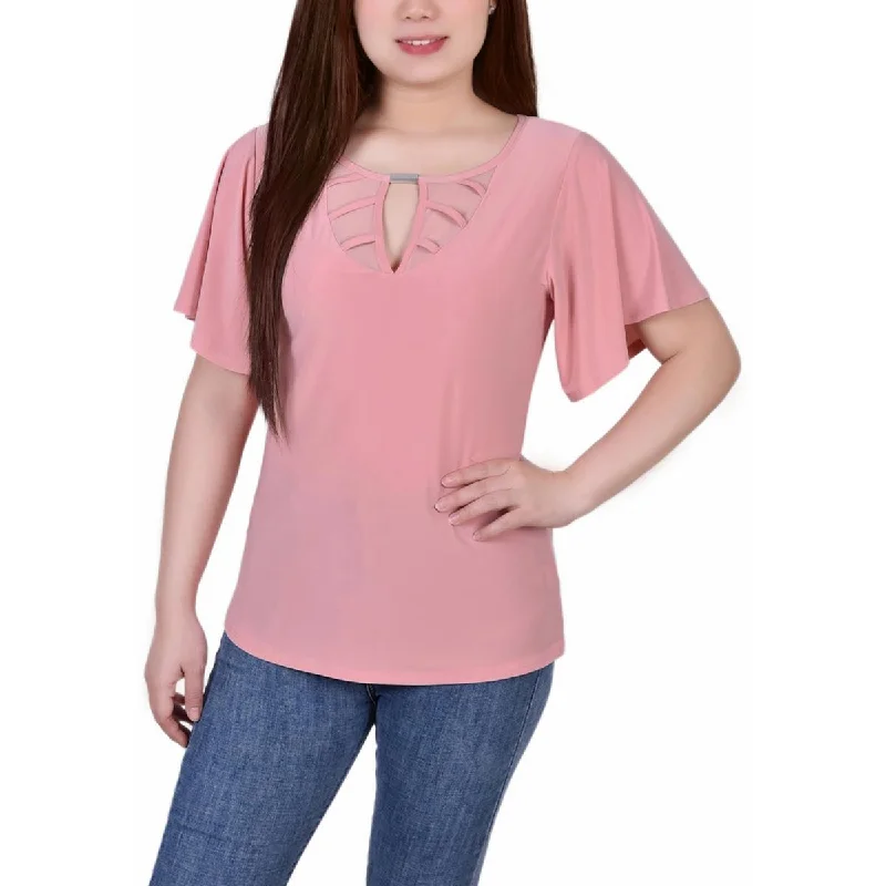 Notations Womens Petites Keyhole Geometric Blouse Soft Knit Blouse