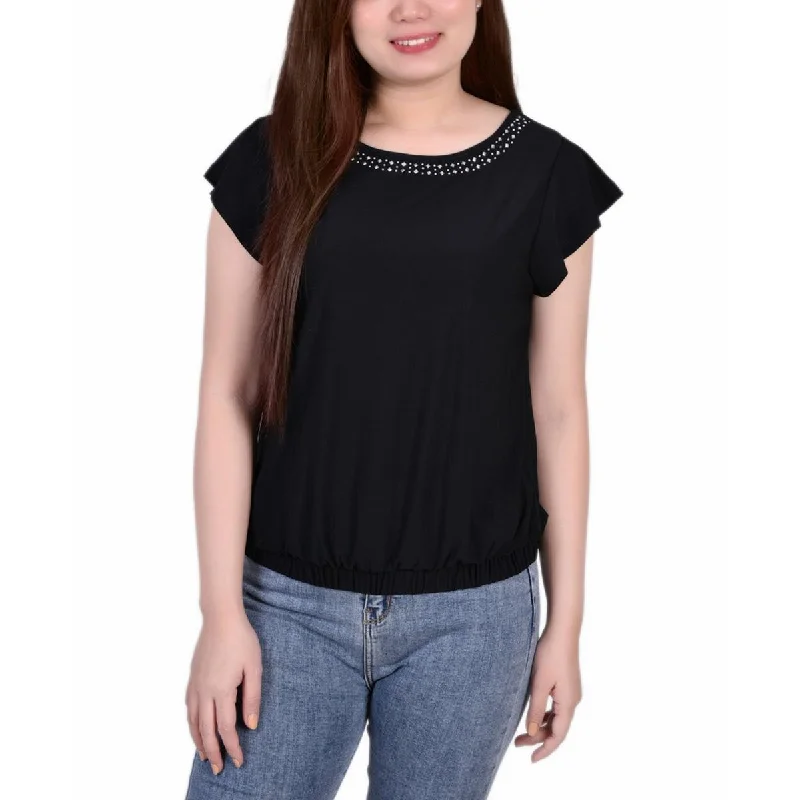 NY Collection Womens Petites Banded Bottom Embellished Blouse Embroidered Floral Blouse