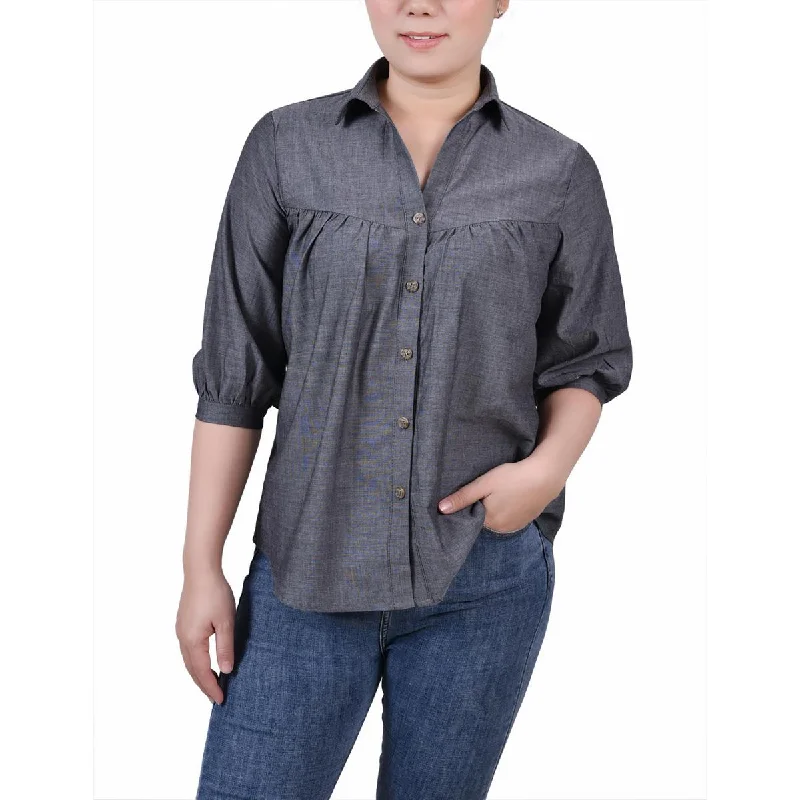 NY Collection Womens Petites Collar Button Down Blouse Airy Cotton Blouse
