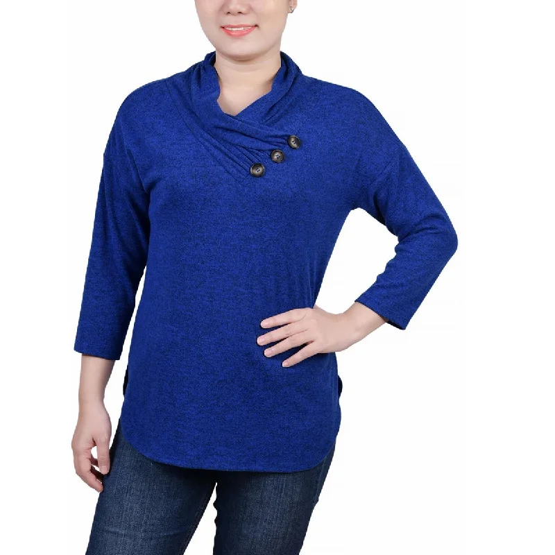 NY Collection Womens Petites Cowlneck Marled Blouse Feminine Tie Blouse