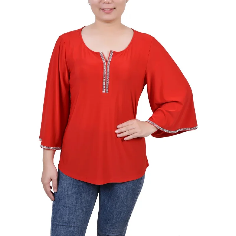 NY Collection Womens Petites Embellished Bell Sleeves Blouse Loose Oversized Blouse