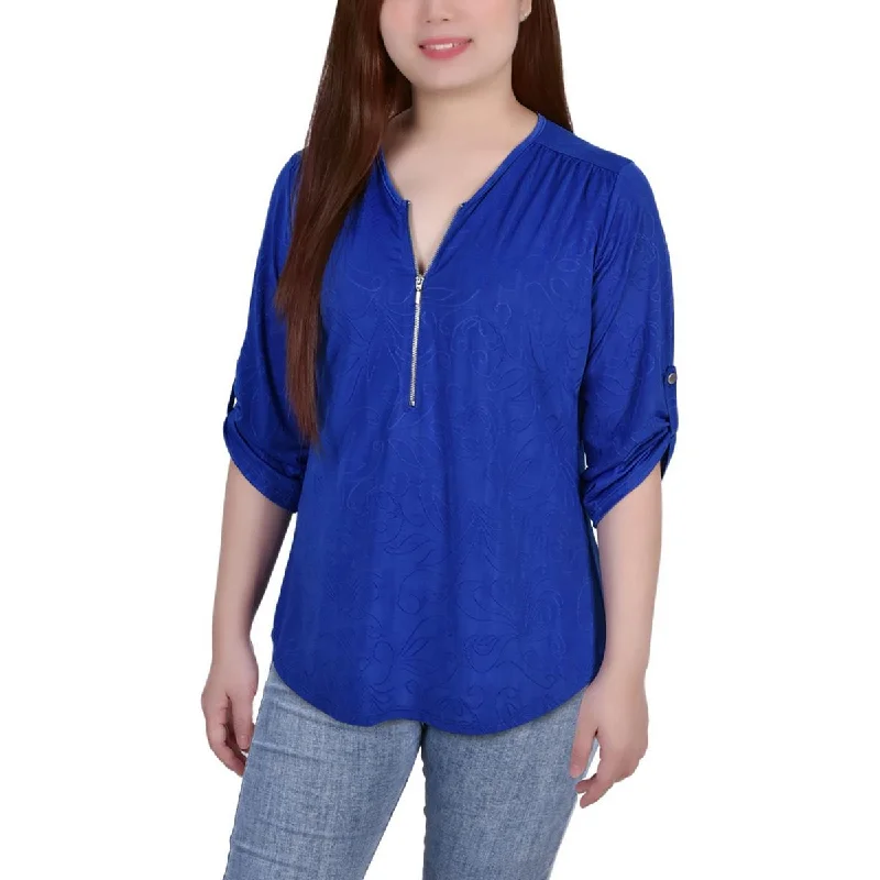 NY Collection Womens Petites Pattern 1/2 Zip Blouse Embellished Collar Blouse