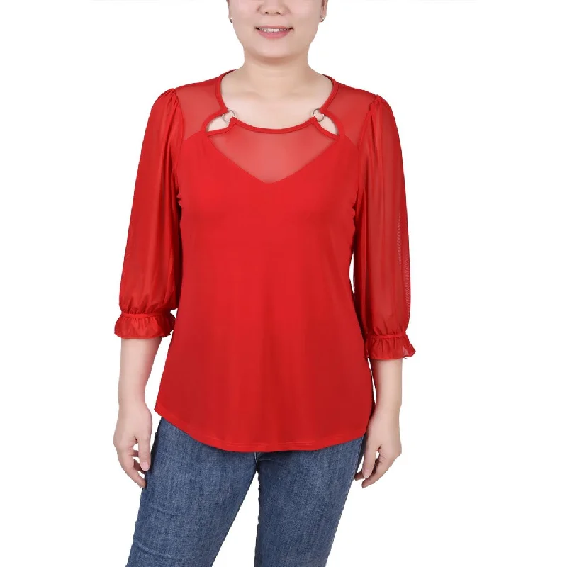 NY Collection Womens Petites O-Ring 3/4 Sleeve Blouse Soft Knit Blouse