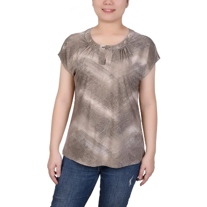 NY Collection Womens Petites Printed Crewneck Blouse Cotton Casual Blouse