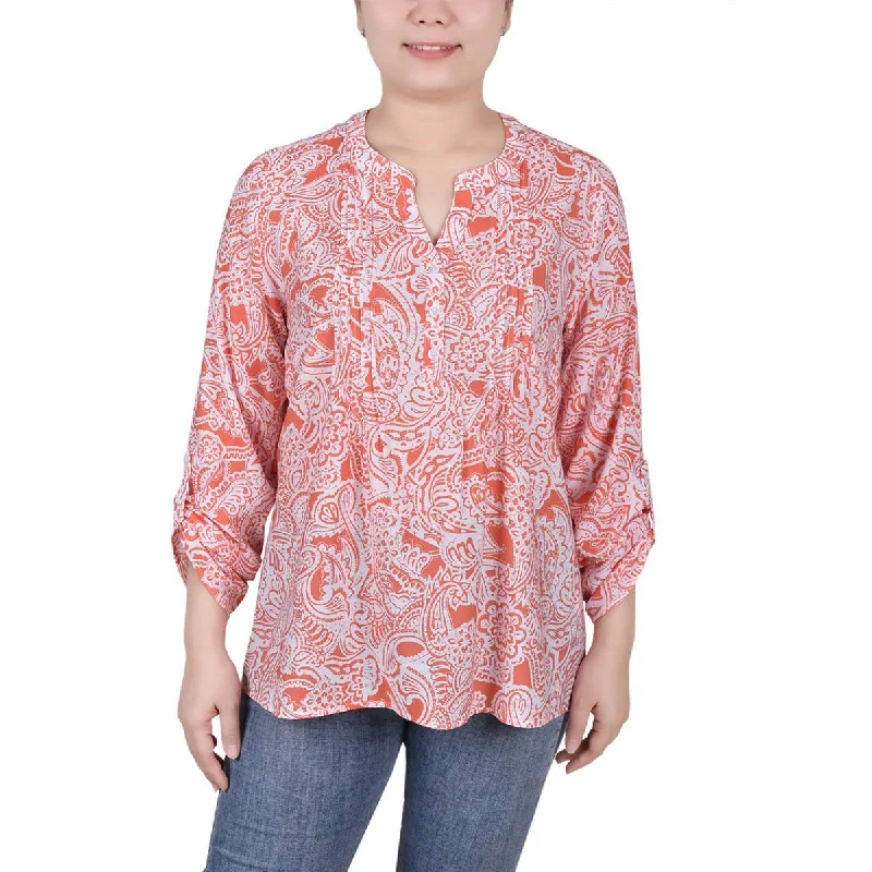 NY Collection Womens Petites Printed Pintuck Front Blouse Feminine Tie Blouse