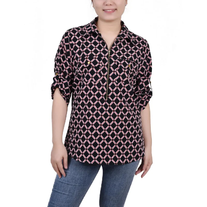 NY Collection Womens Petites Printed Zip Front Blouse Classic Striped Blouse