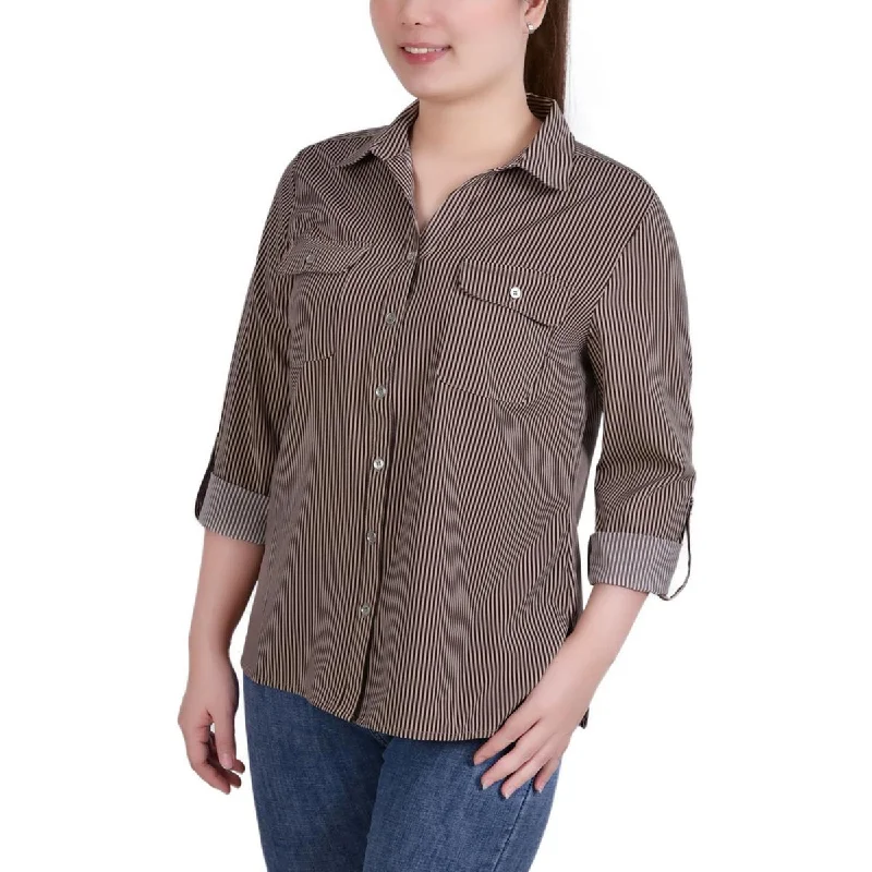NY Collection Womens Petites Geometric Collared Blouse Lightweight Chiffon Blouse