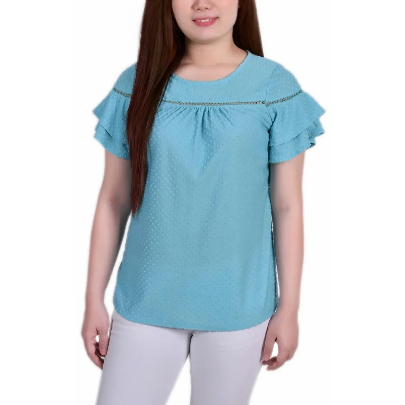 NY Collection Womens Petites Swiss Dot Wideneck Blouse Sheer Mesh Blouse