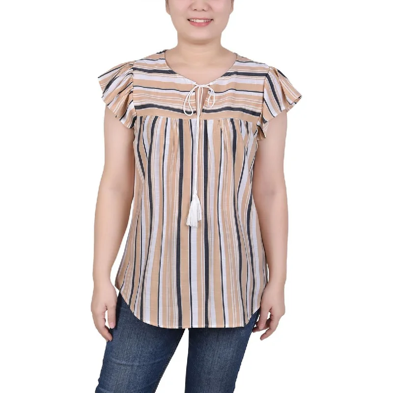 NY Collection Womens Petites Tie Neck Striped Blouse Relaxed Fit Blouse